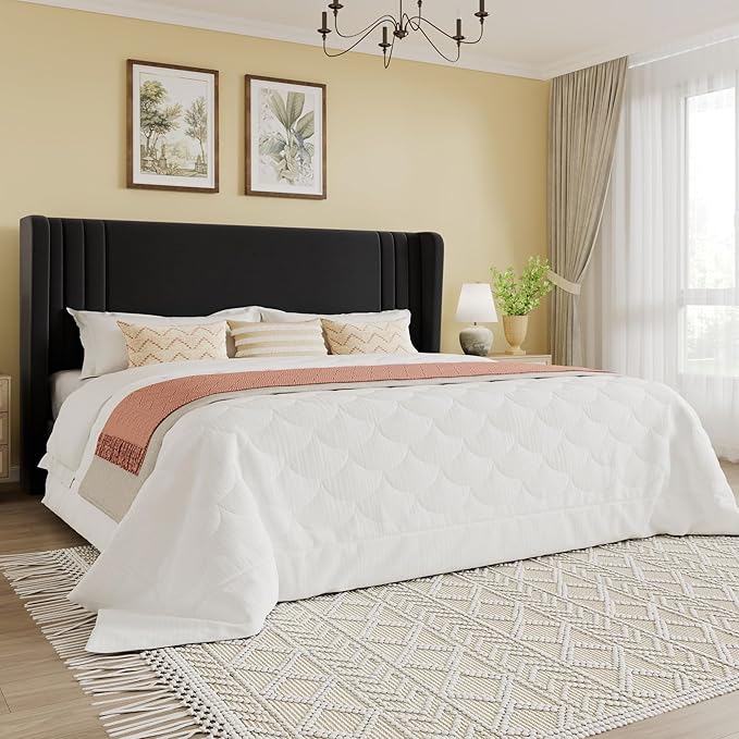 SHA CERLIN King Size Velvet Upholstered Platform Bed Frame with Vertical Channel Tufted Wingback Headboard, Wooden Slats Support, Easy Assembly, Under Bed Storage, No Box Spring Required, Black