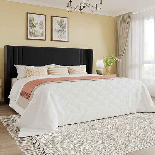 SHA CERLIN King Size Velvet Upholstered Platform Bed Frame with Vertical Channel Tufted Wingback Headboard, Wooden Slats Support, Easy Assembly, Under Bed Storage, No Box Spring Required, Black