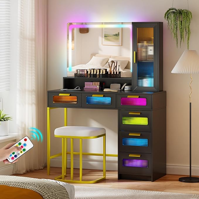 LED Make Up Vanity Desk with 20" Mirror and Light, Smart Dressing Table with 6 Drawers, 3 Shelves, 24 Color Lighting Modes, Cushioned Stool, USB Type-C Storage for Bedroom Dressing Room Black