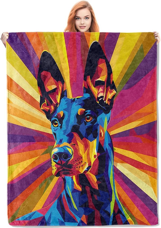 Colorful Doberman Flannel Blanket, Doberman Gifts, Dog-Themed Blanket for Women, Soft Lightweight Throw Blankets for Bed Home Travel Decor 60" x 80"