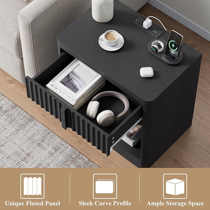 Fluted Nightstand Set of 2 with Charging Station, 23.6" Wood End Table with Solid Wood Handle, Curved Profile Design, Mid Century Moden Bedside Table for Bedroom, Living Room, Black