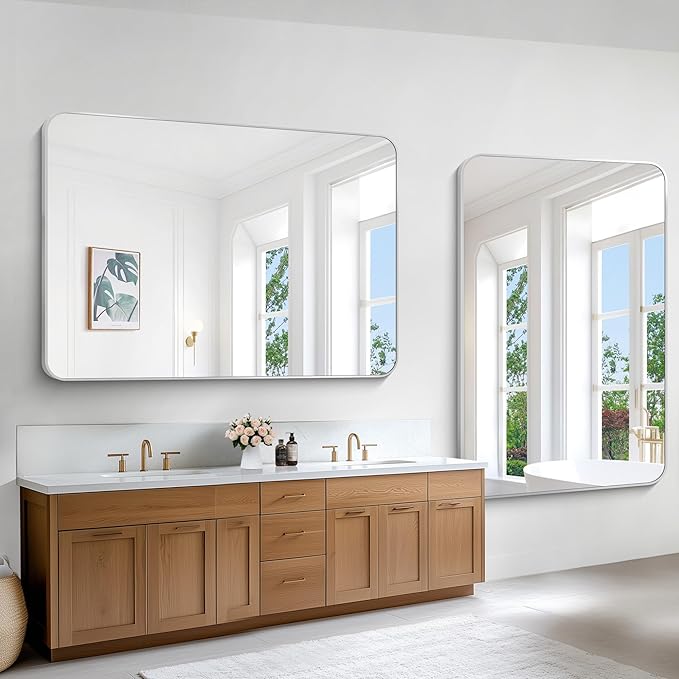 BONEWEI Silver Bathroom Mirror,60x40 inch Wall Mirror for Bathroom Wall Mounted,Rectangle Mirror for Bathroom Over Sink,Modern Frame Round Corner for Living Room,Bedroom Entryway,Horizontal/Vertical