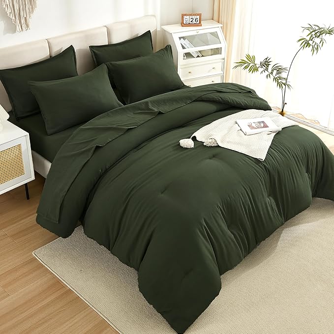 Litanika Dark Olive Green California King Size Comforter Set - 7 Pieces Bed in a Bag Cal King Bedding Comforter Sets, Plain Lightweight Bed Set with Comforter, Sheets, Pillowcases & Shams