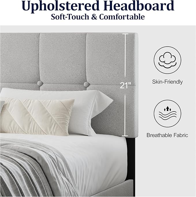 Full Size Bed Frame, Full Size Platform Bed Frame with Headboard, Fabric Upholstered Headboard, Sturdy Wood Slats, No Noiseless, No Springs Required, Easy to Assemble, Gray