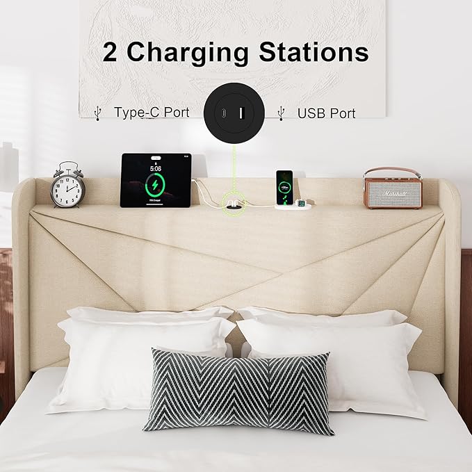 Feonase Full Bed Frame with Charging Station, Linen Upholstered Platform Bedframe with Wingback Headboard, Solid Wood Slats Support, Noise Free, No Box Spring Needed, Beige