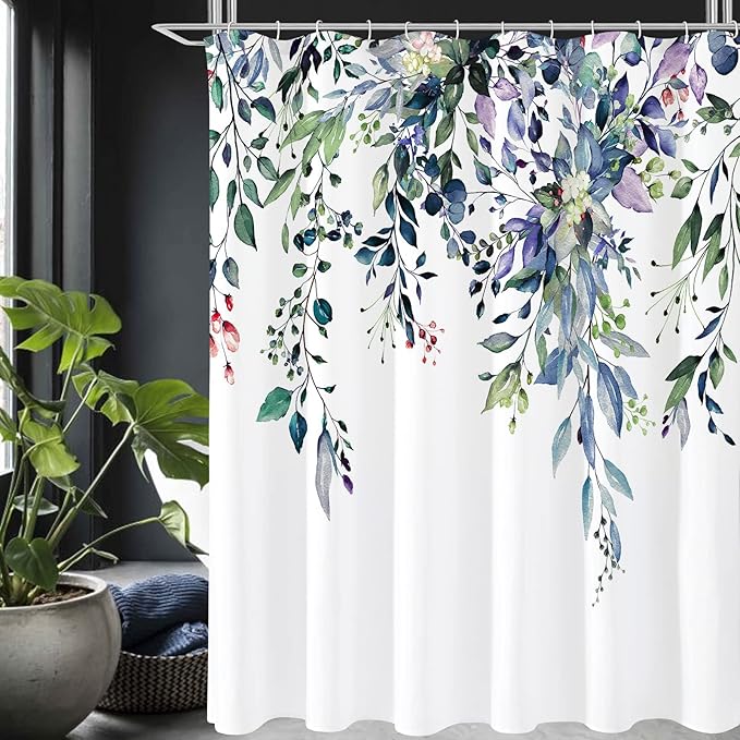 Gibelle Spring Floral Shower Curtain for Bathroom, Watercolor Green Eucalyptus Leaves Plant Shower Curtain Set with Hooks, Washable Polyester Fabric 72x72 Inch