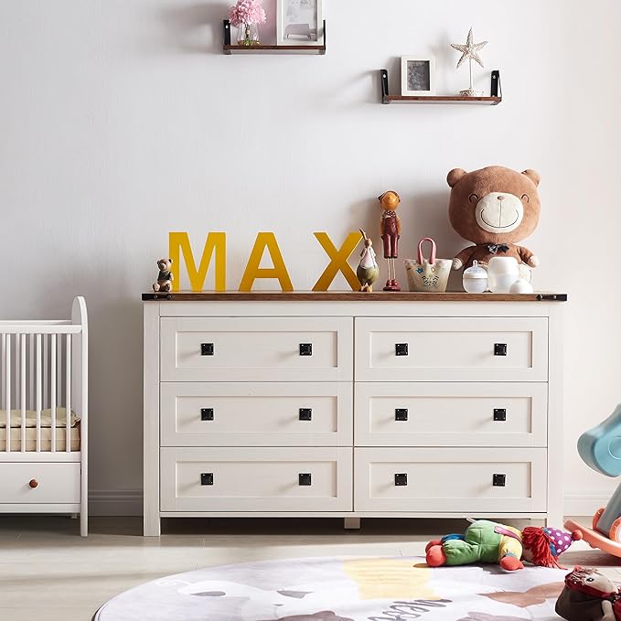 RedLemon 6 Drawer Dresser for Bedroom, Farmhouse 54 Inch Wide Rustic Wood Dresser TV Stand, Chest of Drawers for Closet, Living Room, Hallway, Antique White