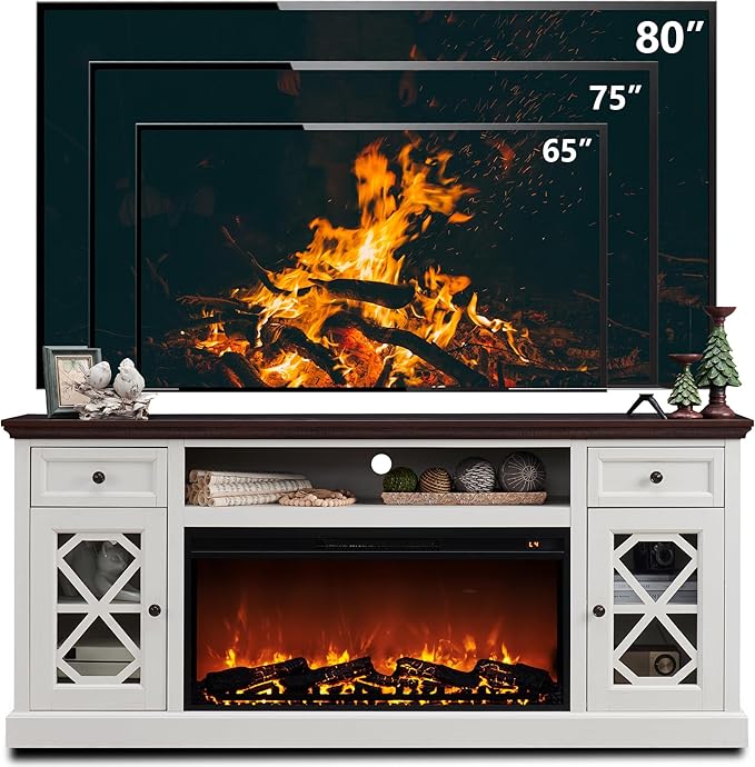 Farmhouse Fireplace TV Stand with 36" Electric Fireplace for 80 Inch TVs, 31" Tall Entertainment Center w/Drawer & Diamond Panel Door, Highboy Media Console for Living Room, 70inch, White