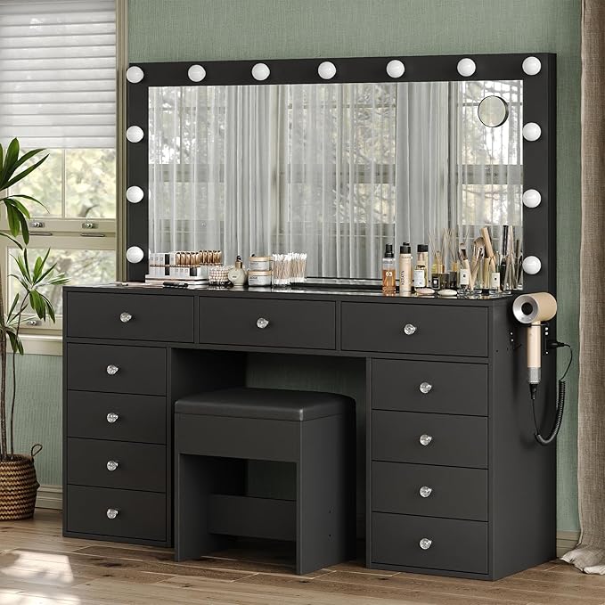 11 Drawers Makeup Vanity with Charging Station, Vanity Desk with 13 LED Bulbs and HD Mirror, 3 Color Brightness Adjustable, Glass Top Vanity Set for Bedroom, Black