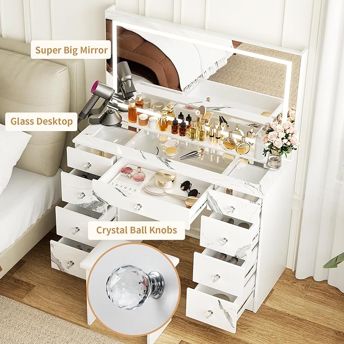 VOWNER Vanity with Lighted Mirror - Glass Top Makeup Desk with Power Outlet and 9 Drawers, 3 Color Lighting Modes Adjustable Brightness, 43" Vanity Desk with Soft Cushioned Stool for Bedroom, Marble