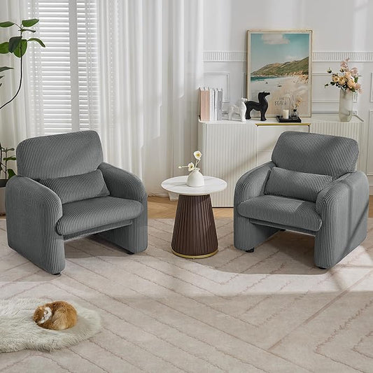 Corduroy Fabric Accent Chairs Set of 2, Modern Upholstered Living Room Chairs with Lumbar Pillow, Wide Comfy Leisure Armchair for Bedroom, Office, Reading, Grey
