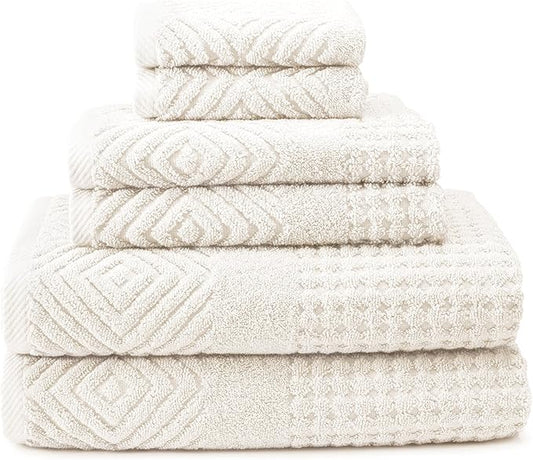 Texere 100% Organic Cotton Jacquard 650 GSM Premium Bath Towel Set - Extra Absorbent Quick Dry and Plush (Cable, Light Taupe, 2 Bath & 2 Hand Towels)