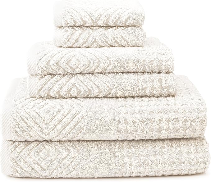 Texere 100% Organic Cotton Diamond Jacquard Luxury Bath Towel Sets - Soft and Absorbent Hotel and Spa Quality - 2 Large Bath Towels, 2 Hand Towels, 2 Washcloths (Diamond, Cream, 6 Piece)
