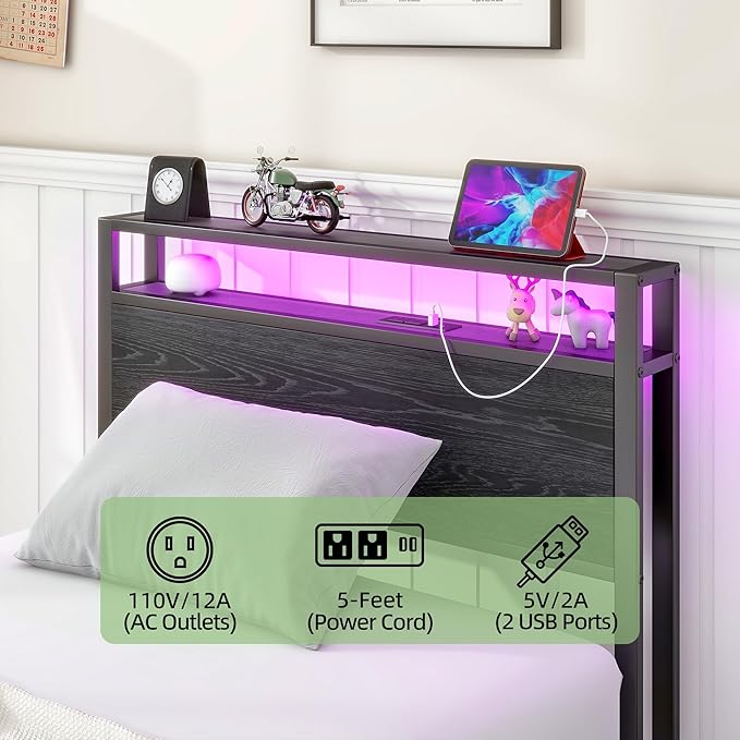 Twin Bed Frame with Storage Headboard/LED Lights,Metal Bed Frame Twin Size with Charging Station,Twin Platform Bed Frame No Box Spring Needed,Beds Base,Heavy Duty Metal Slats Support,Black