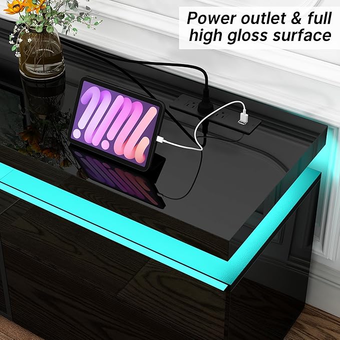 Fireplace TV Stand for 95" TV, 83" LED TV Stand with 40" Electric Fireplace & Power Outlet, High Gloss Surface, 2 Storage Cabinet, Modern Style (83 Inch, Black