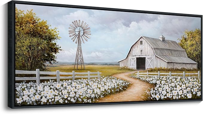 YCPRIMER Vintage Classical Farmhouse Painting Rustic Countryside Wildflower Field Nature Meadow Landscape Retro Windmill Barn Canvas Print Wilderness Artwork for Bedroom Living Room 70x31inch
