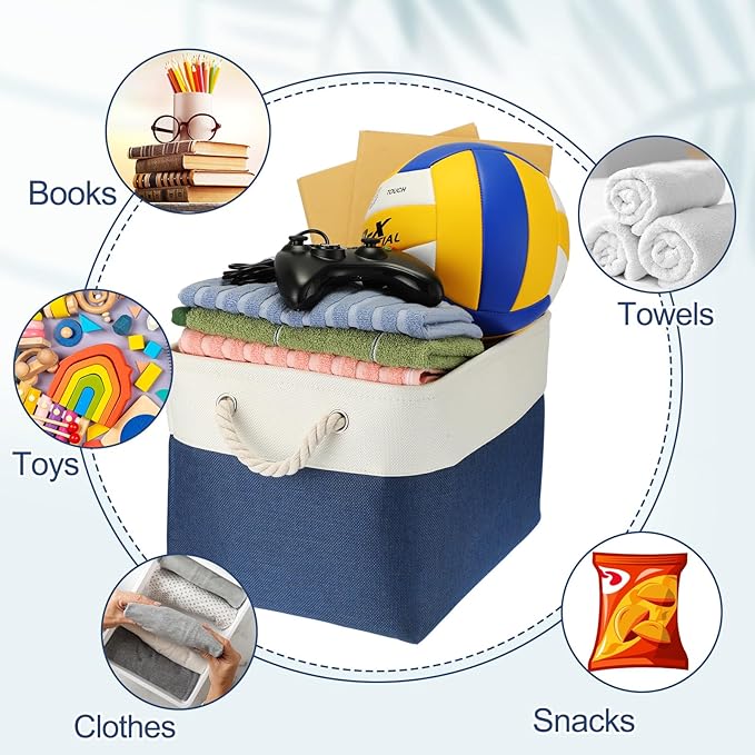 meekoo 8 Pack Collapsible Storage Bins Fabric Storage Bins Polyester Fabric Baskets with Handles Linen Closet Organizer for Shelf Home Closet Towels Toys(12 x 12 x 12 in,Blue White)