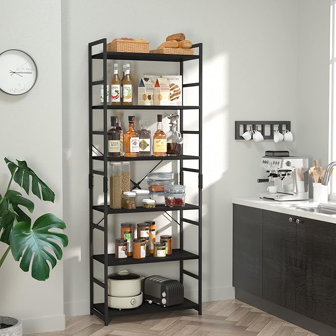 NUMENN 6 Tier Bookshelf, Tall Bookcase Shelf Storage Organizer, Modern Book Shelf for Bedroom, Living Room and Home Office, Black