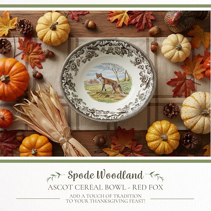 Spode Woodland Ascot Cereal Bowl, Red Fox – 8" Fine Earthenware Bowl Made in England, Versatile for Oatmeal, Salads & Desserts, Charming Wildlife Design – Microwave & Dishwasher Safe