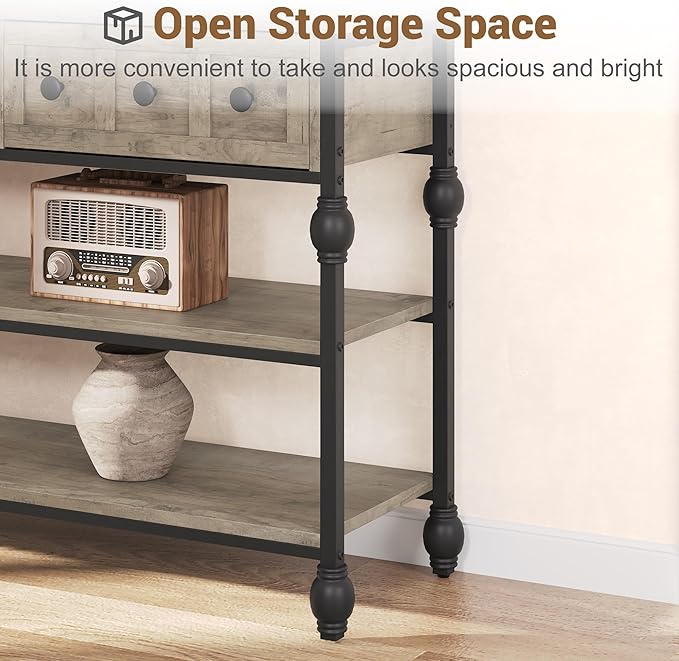 Garvee Console Sofa Table 53", Entryway Table with 3 Drawers, 3 Tier Metal Sofa Table, Open Shelf Behind Couch Table for Hallway, Living Room, Roman Column Design, Grey