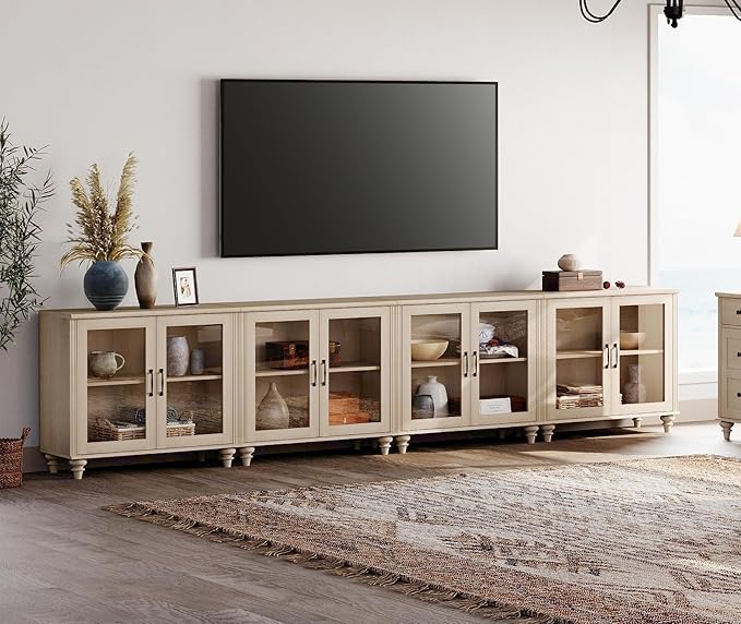 WAMPAT Large TV Stand for TVs up to 100 Inch, Beige Entertainment Center TV Console Table for 85/90/95/110 Inch TV, Accent Buffet Cabinet with Glass Door for Dining Room & Living Room