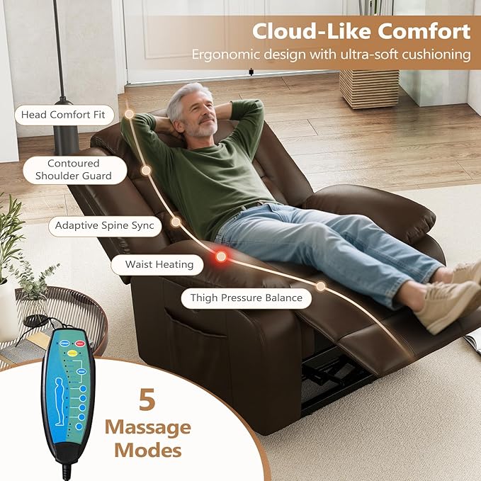 ANJ Power Lift Recliner Chair with Massage and Heat, PU Leather Overstuffed Electric Lift Chair for Elderly, Oversized Single Sofa Recliner with Side Pockets, Remote Control(Brown)