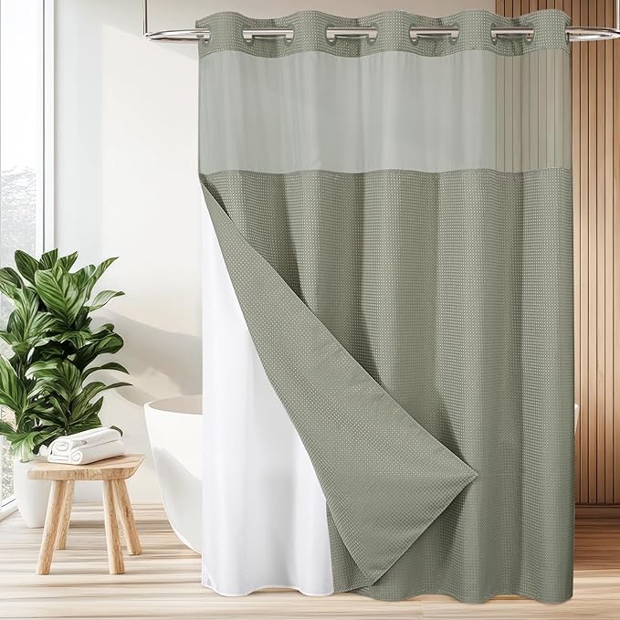 Colorful Star 256GSM Waffle Weave Heavy Duty Shower Curtains, No Hook Shower Curtain with Snap in Fabric Liner, Hotel Style Waterproof Bathroom Curtain Set, 72 x 81 Inch, Sage Green