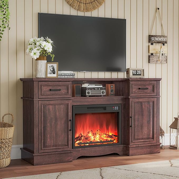 Maupvit TV Stands Farmhouse Entertainment Center for Televisions up to 65 Inch, Console Table Media Furniture with 2 Storage Cabinets and 2 Barn Door, Rustic TV Cabinet for Living Room, Brown