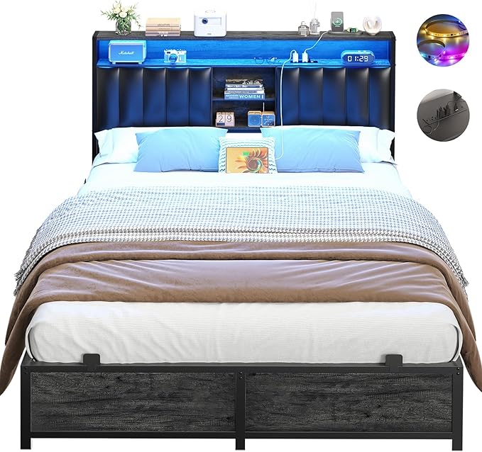 Aheaplus Full Bed Frame with Charging Station & Led Lights, Platform Bed with Leather Upholstered Headboard and Storage, Metal Slats Support, No Box Spring Needed, Noise-Free, Black Oak