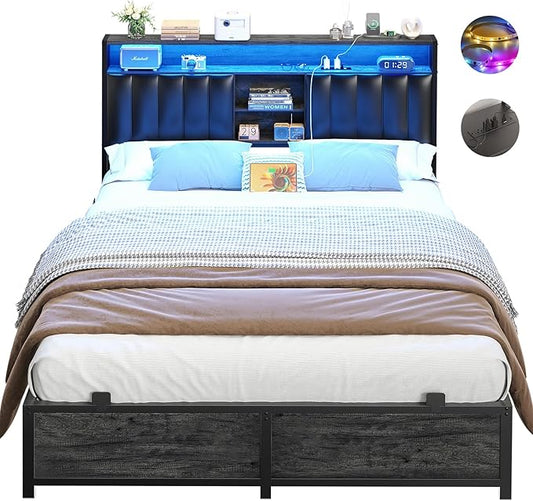 Aheaplus Full Bed Frame with Charging Station & Led Lights, Platform Bed with Leather Upholstered Headboard and Storage, Metal Slats Support, No Box Spring Needed, Noise-Free, Black Oak