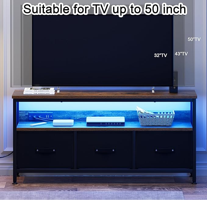 39" TV Stand for TVs up to 50", Media Console with Charging Station & LED Lights, 2 Drawer Storage Chest, Gaming Entertainment Center with Storage for Living Room, Brown, Medium