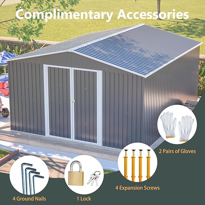 11x13FT Outdoor Storage Sheds with Floor Frame& Lockable Doors Garden Metal Shed Waterproof Galvanized Steel Tool Shed with Air Vents Sloping Roof Ideal for Backyard Patio Lawn Gray