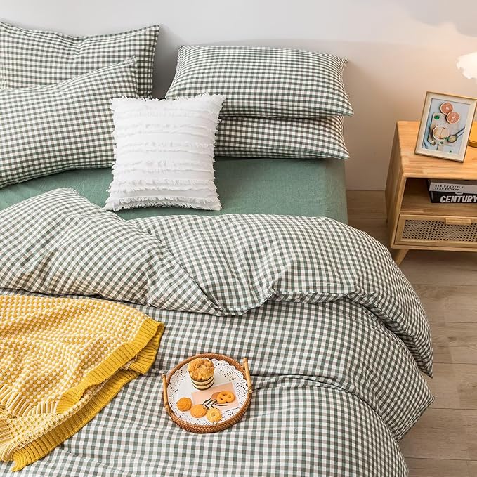 mixinni Green Gingham Comforter Set Full, Plaid Comforter Set 3 Pieces 1 Green Grid Comfoter with 2 Pillow Cases for All Seasons, Soft Fluffy Modern Grid Pattern Printed Bedding-Full Size