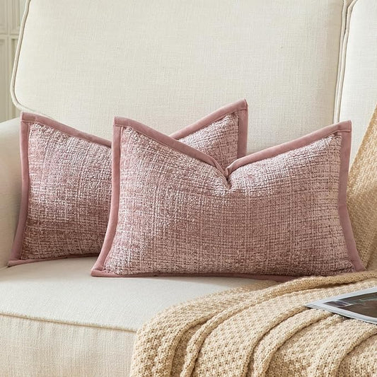 Yaertun Pack of 2 Chenille Textured Decorative Throw Pillow Covers Accent Solid Cushion Cover Soft Cozy Pillow Case with Velvet Back for Couch Sofa Bed Living Room 12x20 Inch Dusty Pink