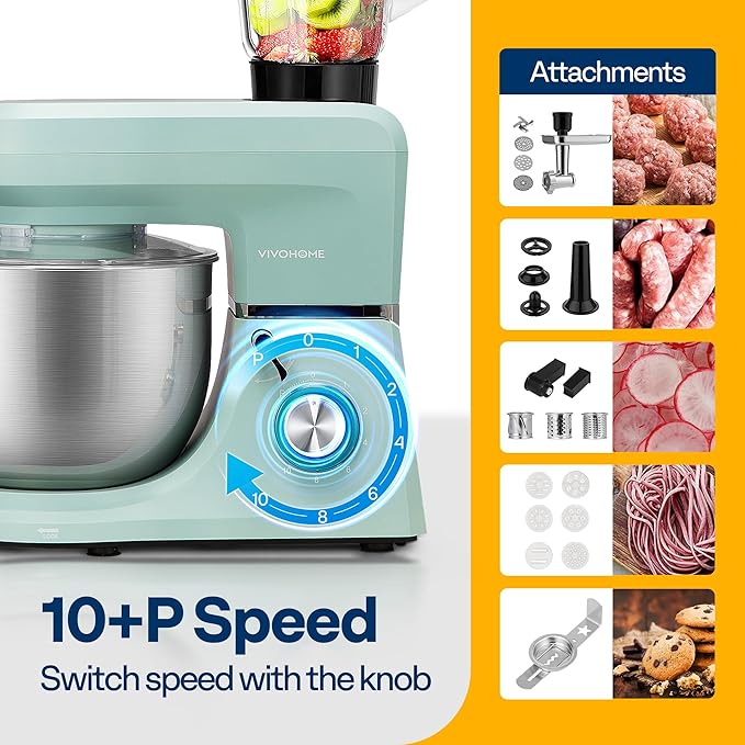 VIVOHOME 6 in 1 Multifunctional Stand Mixer with 8.5 Quart Stainless Steel Bowl, 660W 10 Speed Tilt-Head Meat Grinder, Juice Blender, Vegetable Slicer, Pasta and Cookie Maker, Blue