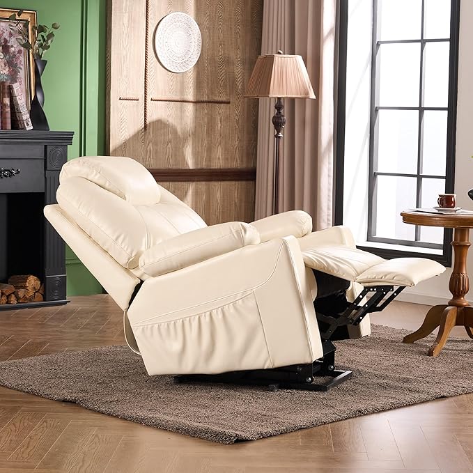 SALOHZA Power Lift Recliner Chair for Elderly with Massage and Heat for Living Room, Electric Recliner Chair for Adults with USB/Type C Port/Cup Holders, PU Faux Leather, Cream White