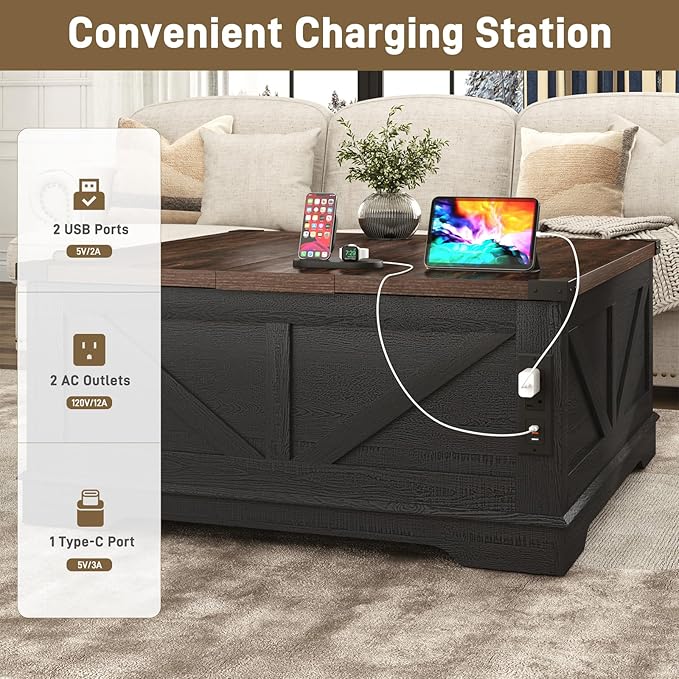 40” Large Farmhouse Lift Top Coffee Table with Power Outlets and Large Hidden Storage, Square Wood Living Room Tables, Multi-Function Lift Wooden Barn Door Center Table, Black