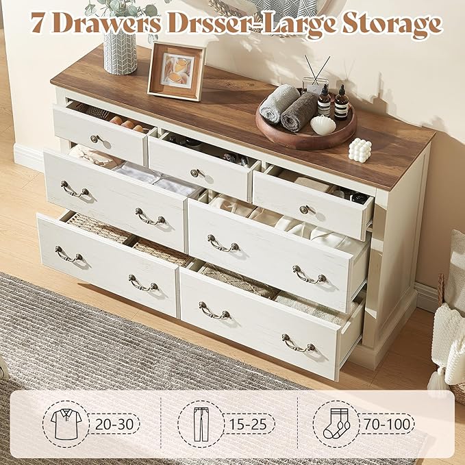 AMERLIFE 7 Drawers Dresser for Bedroom, Farmhouse Chest of Drawers with Vintage Metal Handle, Wooden Dresser Organizer for Hallway, White+Barnwood