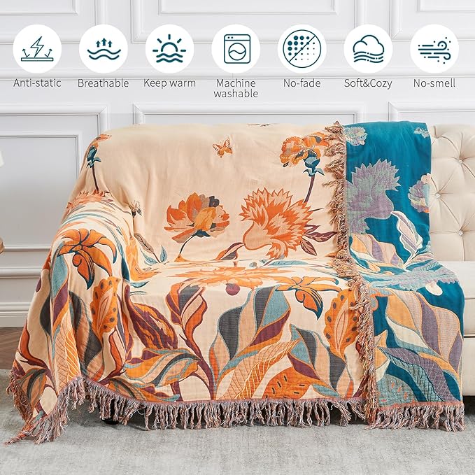 Boho Throw Blanket for Bed-100% Cotton Soft Breathable Farmhouse Decor Boho Quilt for Sofa (Flowers Tulips, 60"x80")