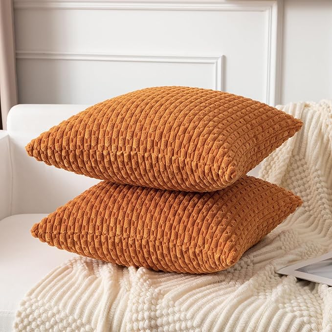 Kevin Textile Fall Throw Pillow Covers Soft Corduroy Decorative Set of 2 Boho Striped Pillow Covers Pillowcases Farmhouse Home Decor for Couch Bed Sofa Living Room 26x26 Inch Orange Yellow