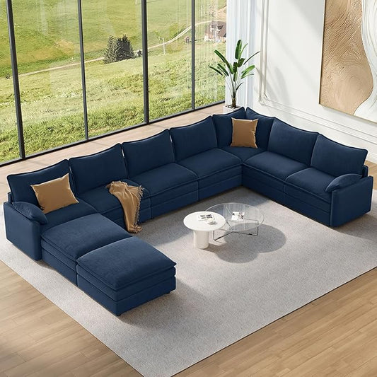 Vesgantti Large Modular Sectional Sofa, Big Comfy Cloud Couch with Ottoman Deep Seat Chenille Cloud Sofa, 9 Seater Large Sectional Couches for Living Room, Bedroom and Apartment, Blue