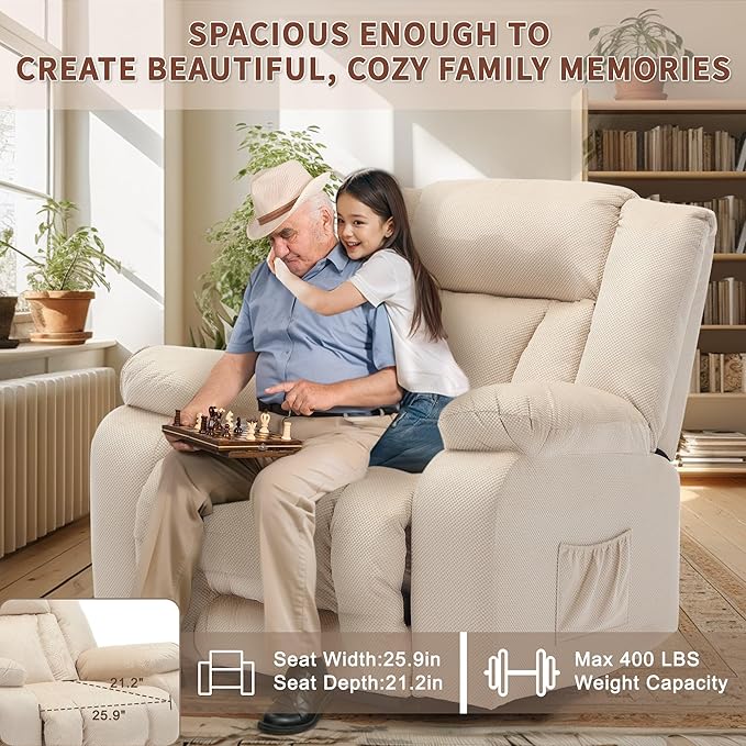 Oversized Dual Motor Power Lift Recliner for Adults, Electric Lift Chair with Heating and Massage, Waffle Fabric Electric Recliner Chair with Side Pockets, Wide Recliner for Living Room