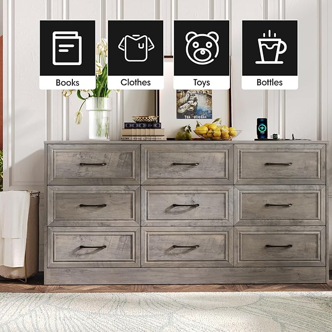Fameill Dresser for Bedroom, 9 Drawer Wide Dresser Organizer with Charging Station, Tall Dresser for Hallway, Wood Dresser with Metal Handles, Ash Grey