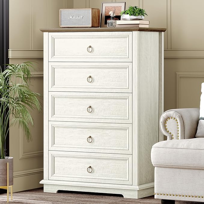 5 Drawer Dresser, Chest of Drawers with Double Anti-Tip, Modern Tall Dresser Organizer for Bedroom, Living Room & Hallway – Easy Assembly Storage Cabinet, White