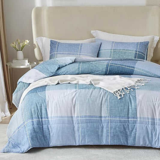 mixinni Blue Gingham Comforter Set Queen, Plaid Comforter Set 3 Pieces 1 Blue Grid Comfoter with 2 Pillow Cases for All Seasons, Soft Fluffy Modern Grid Pattern Printed Bedding-Queen Size
