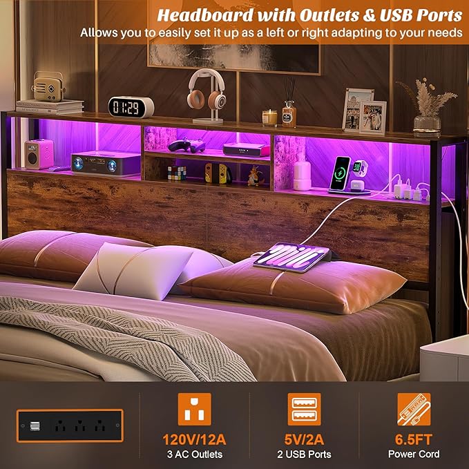 Aheaplus Headboard for King Size Bed with Storage, Headboards with Outlets, USB Ports and LED Light, King Size Head Board, Height Adjustable, Reversible, Sturdy and Stable Headboard, Rustic Brown