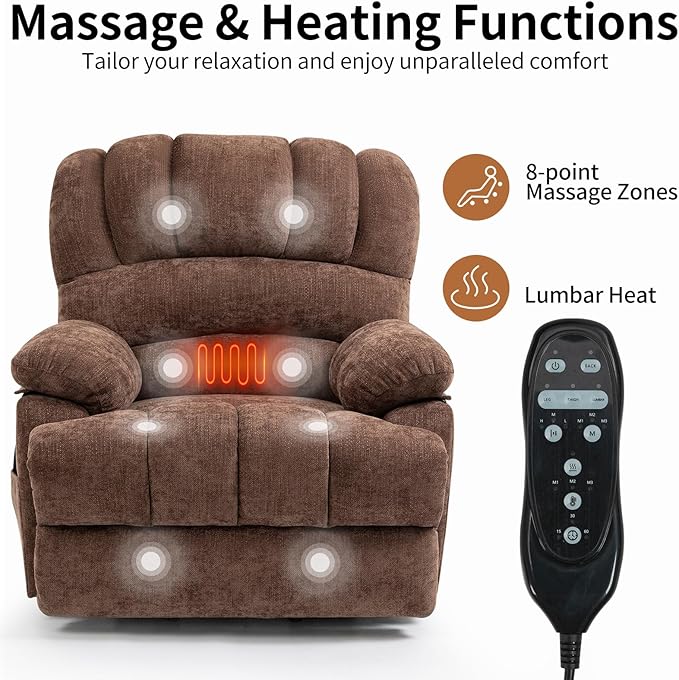 Power Lift Recliner Chair for Elderly People, Oversized Lift Recliner with Vibration Massage and Heat for Seniors with Charging Ports, Side Pockets, Chenille Fabric Brown