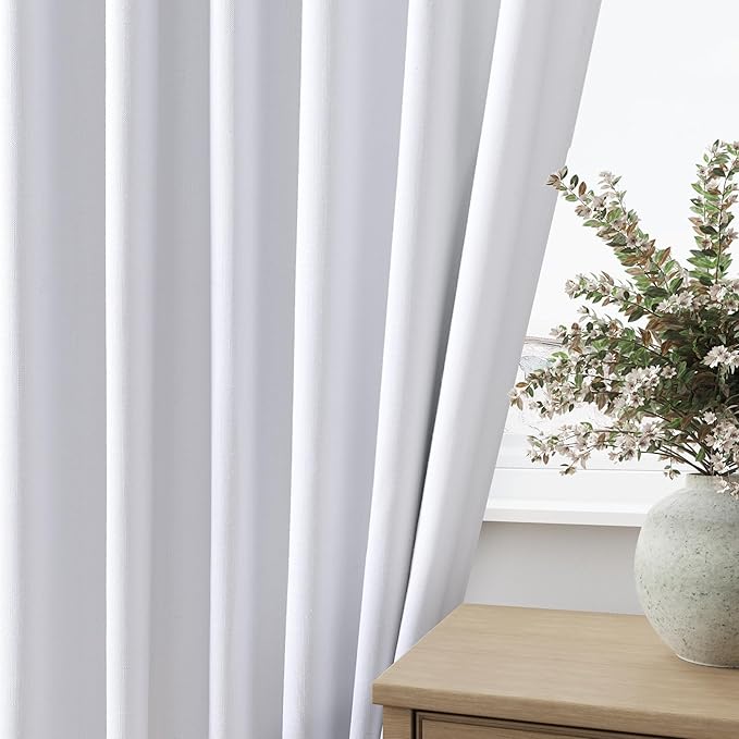 Guken White Linen Blackout Curtains 52 Inch Wide by 136 Inch for Living Room Bedroom Back Tab Thermal Insulated 100% Black Out Linen 2 Drapes Room Darkening Window Curtains White,2 Panels