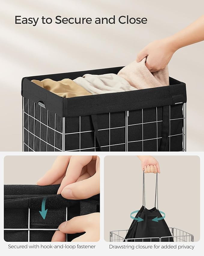 SONGMICS Laundry Hamper, 11 Gal. (50L) Laundry Basket, Collapsible Clothes Hamper, Removable and Washable Liner, Metal Wire Frame, for Bedroom Bathroom, Silver and Classic Black ULCB150B01