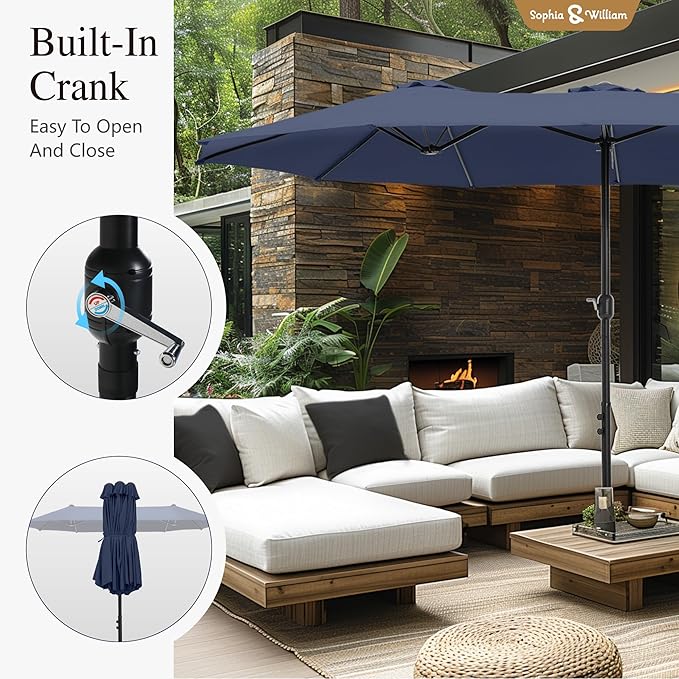 Patio Outdoor Table and Chairs Set with Umbrella Navy, Patio Dining Sets for 6, 7 Pieces Patio Table Set Clearance for Backyard Deck Porch Outside, Metal Table with Hole & Cushioned Rattan Chairs